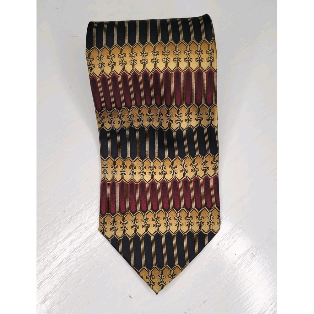 Valerio Garati Silk Tie Mens OS Gold‎ Burgundy Navy Geometric Gothic Pattern